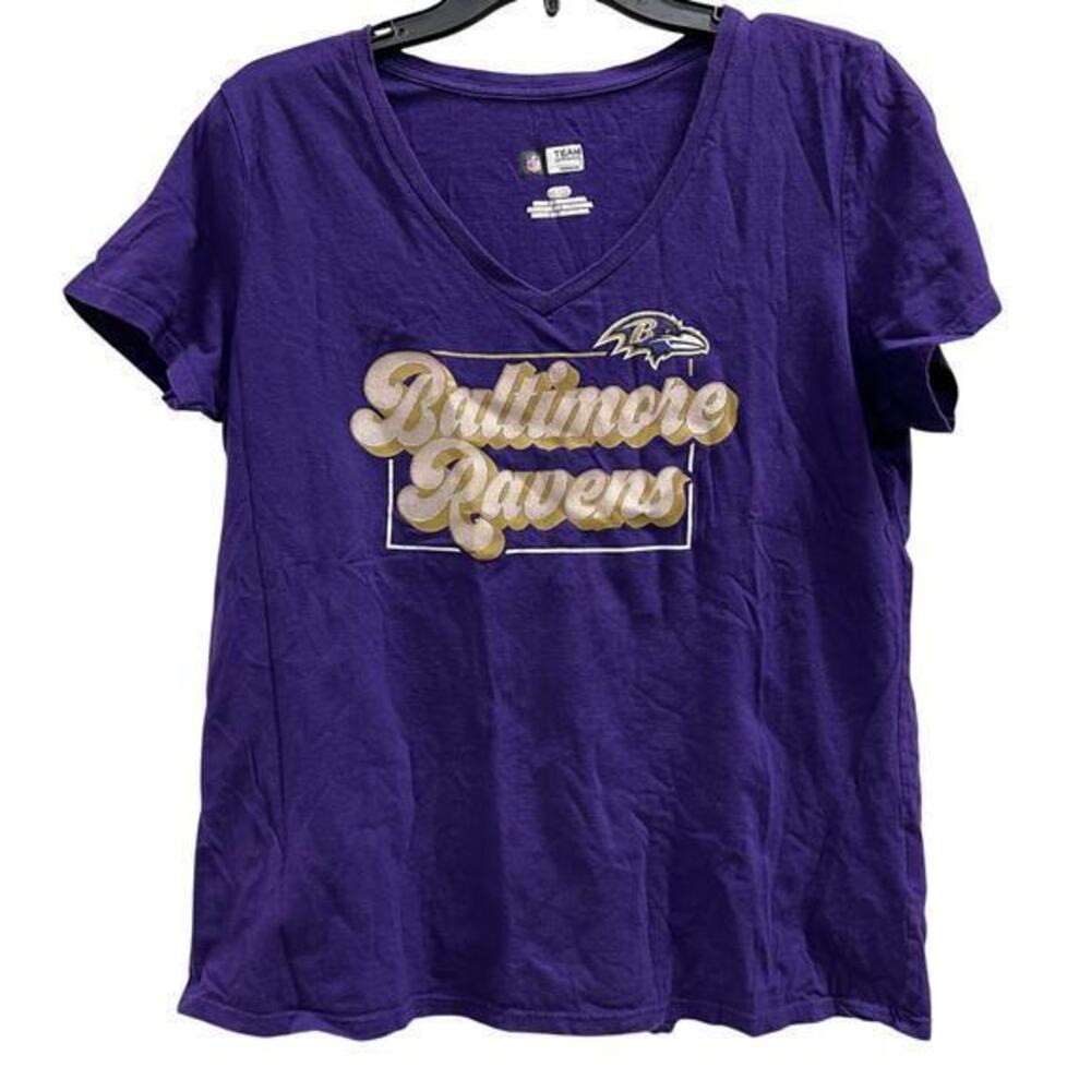 Baltimore Ravens NFL v neck football purple gold glitter logo tee SZ L